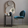 Elegant Luxurious Table Chair Set With Blue Velvet Chair Golden Metal Legs And Decorative Mirror