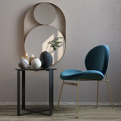 Elegant Luxurious Table Chair Set With Blue Velvet Chair Golden Metal Legs And Decorative Mirror 3d model