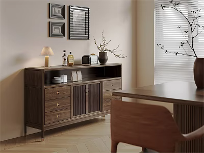 Cozy Modern Dining Room With Wooden Cabinet Table Chairs Vase Lamp Mirror And Framed 3d model
