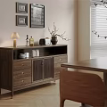 Cozy Modern Dining Room With Wooden Cabinet Table Chairs Vase Lamp Mirror And Framed