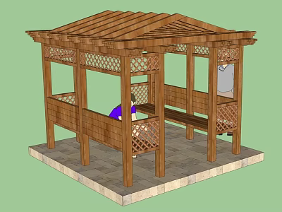 Wooden Garden Pavilion Featuring Lattice Railings Sloped Roof Bench Seating And Stone Slab Floor 3d model