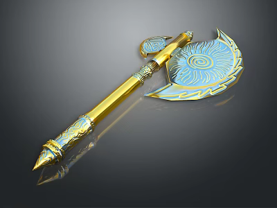 Ornate Golden Axe With Blue Decorations Spiral Pattern And Carved Handle 3d model