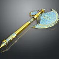 Ornate Golden Axe With Blue Decorations Spiral Pattern And Carved Handle