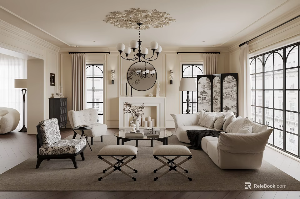 Elegant Classic Living Room Interior With Sofa Coffee Table Fireplace And Chandelier 3d model 