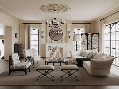 Elegant Classic Living Room Interior With Sofa Coffee Table Fireplace And Chandelier 3d model