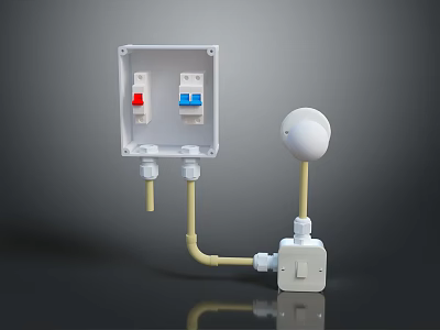 Electrical Switch Box With Red Blue Buttons White Spherical Device And Yellow Pipes 3d model