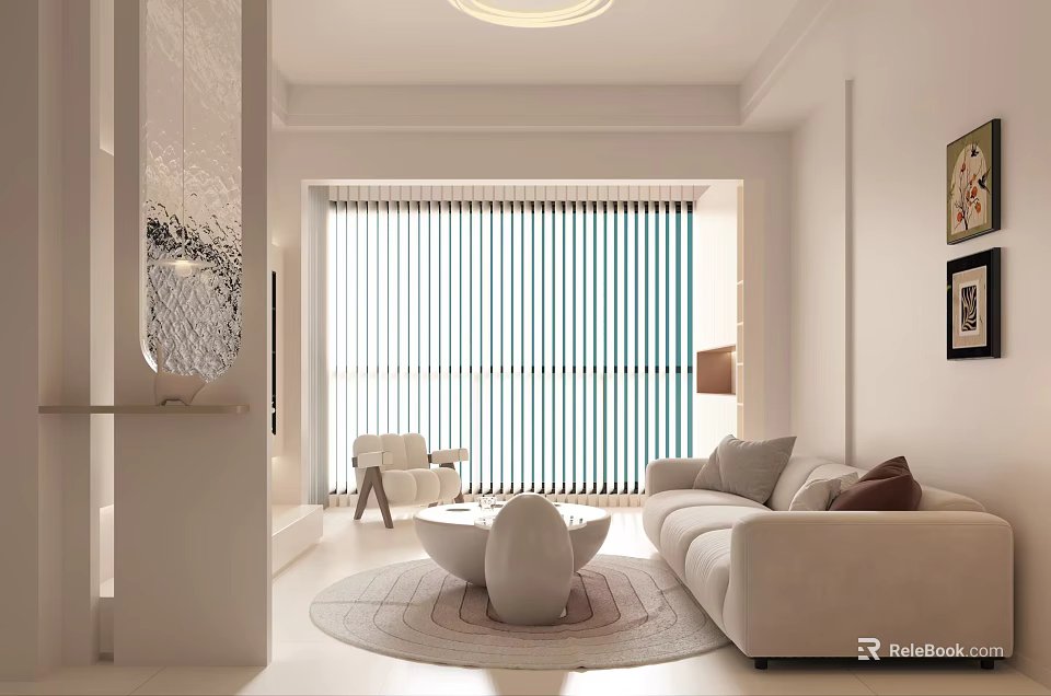 Modern Bright Cream Tone Living And Dining Room Interior With Comfortable Sofa And Elegant Vertical Blinds 3d model 