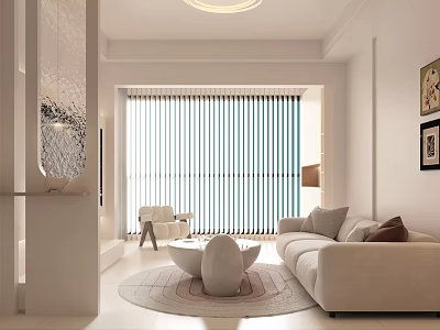 Modern Bright Cream Tone Living And Dining Room Interior With Comfortable Sofa And Elegant Vertical Blinds 3d model