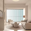Modern Bright Cream Tone Living And Dining Room Interior With Comfortable Sofa And Elegant Vertical Blinds