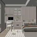 Modern Bedroom Interior Design With White Cabinetry Desk Computer Bed Pillows And Checkered Rug