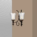 Double Wall Sconce With White Glass Shades Black Decorative Frame Near Blinds On Light Wall