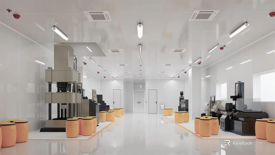Cleanroom Facility With White Walls Ceiling Lights Equipment And Yellow Drums 3d model 