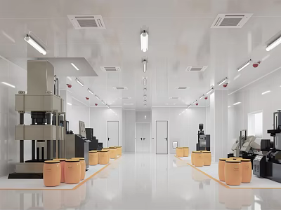 Cleanroom Facility With White Walls Ceiling Lights Equipment And Yellow Drums 3d model