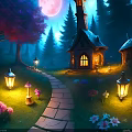 Enchanted Forest Night Scene With Full Moon Glowing Lanterns Stone Path Cottages And Colorful Flowers