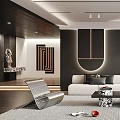 Modern Living Room Interior With White Sofa Black Coffee Table Circular Wall Decor And Shelves