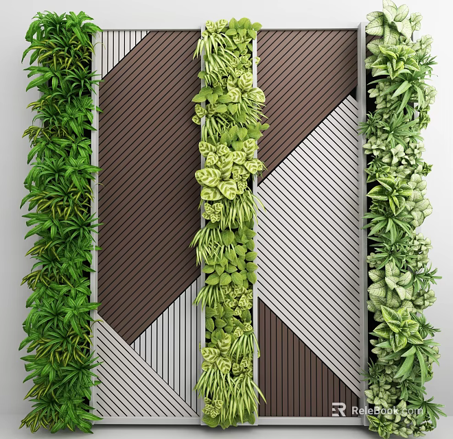 Living Plant Wall With Lush Green Foliage On Brown And White Striped Wooden Background 3d model 
