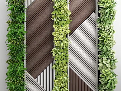 Living Plant Wall With Lush Green Foliage On Brown And White Striped Wooden Background 3d model