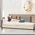 Chaise Lounge with Wooden Legs Beige Patterned Fabric Cushions Buddha Painting and Green Plant
