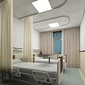 Hospital Ward Interior With White Beds Curtains Window And Ceiling Lighting