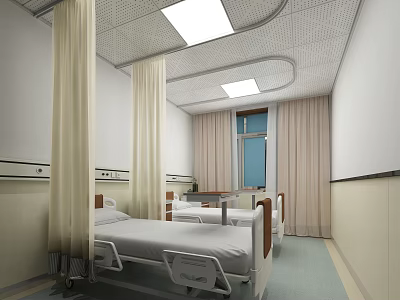 Hospital Ward Interior With White Beds Curtains Window And Ceiling Lighting 3d model