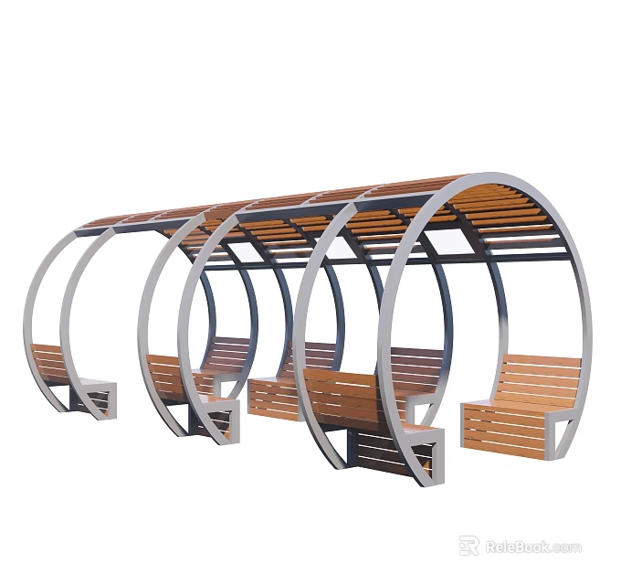 Outdoor Pergola with Curved Metal Frame and Wooden Benches for Garden Rest Area Structure 3d model 
