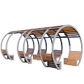 Outdoor Pergola with Curved Metal Frame and Wooden Benches for Garden Rest Area Structure