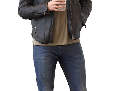 Man In Black Leather Jacket Blue Jeans Holding Cup With Hand In Pocket 3d model