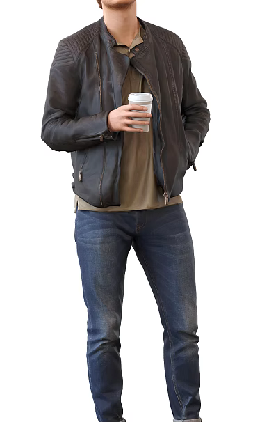Man In Black Leather Jacket Blue Jeans Holding Cup With Hand In Pocket 3d model