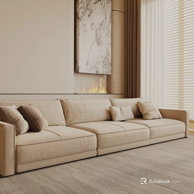 Beige Three-Seater Sofa with Throw Pillows in Modern Living Room with Fireplace and Blinds 3d model 