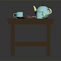 Wooden Dining Table With Blue Teapot Blue Mugs Cookies And Plates