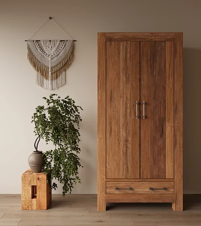 Wooden Double Door Wardrobe With Metal Handles And Potted Plant In Natural Interior 3d model