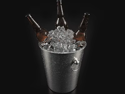 Beer Bottles and Glasses in Ice Filled Metal Bucket for Chilled Drinks 3d model
