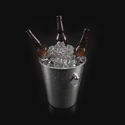 Beer Bottles and Glasses in Ice Filled Metal Bucket for Chilled Drinks 3d model