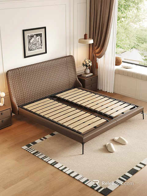 Modern Double Bed With Brown Woven Headboard Wooden Slats And Bedroom Nightstand Elements 3d model 