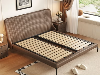 Modern Double Bed With Brown Woven Headboard Wooden Slats And Bedroom Nightstand Elements 3d model