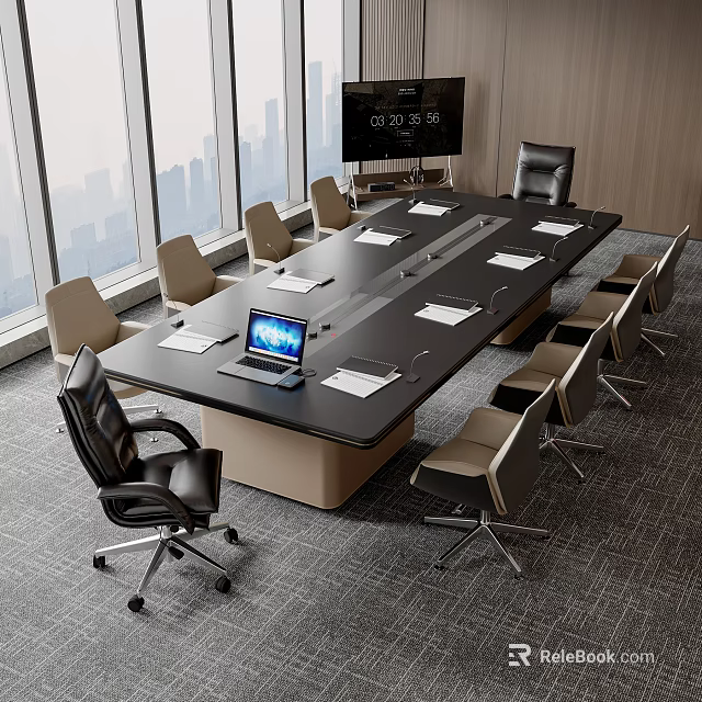Modern Meeting Room Table And Chairs With Laptop Documents And City View 3d model 