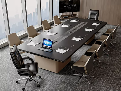 Modern Meeting Room Table And Chairs With Laptop Documents And City View 3d model