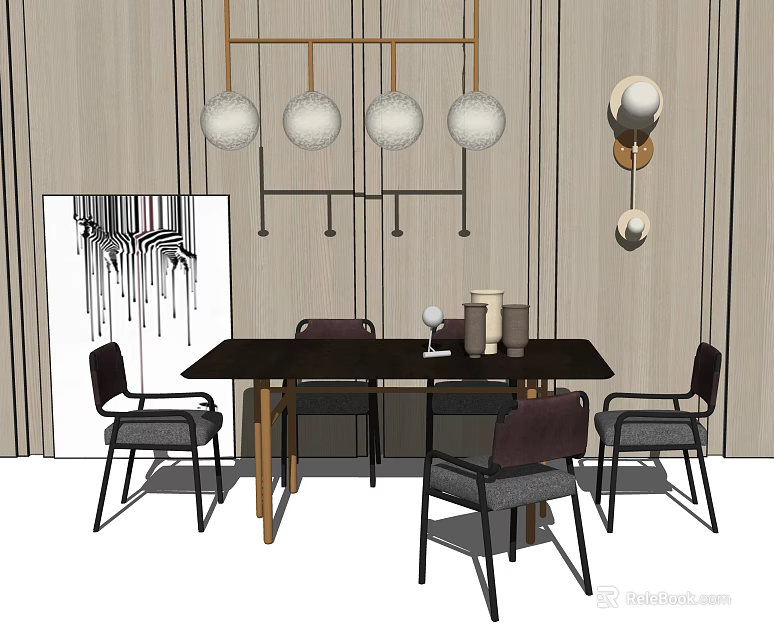 Modern Dining Table Set With Dark Wooden Four Chairs Round Pendant Lights And Abstract Painting 3d model 