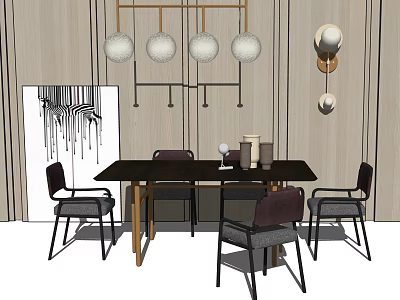 Modern Dining Table Set With Dark Wooden Four Chairs Round Pendant Lights And Abstract Painting 3d model