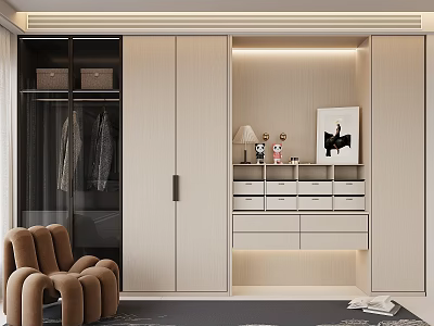 Modern Wardrobe Interior Design With Glass Doors Drawers And Decorative Shelves 3d model