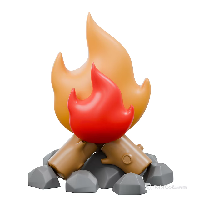 Decorative Ornament Set with Campfire Design Brown Logs Gray Stones and Red Orange Flames 3d model 
