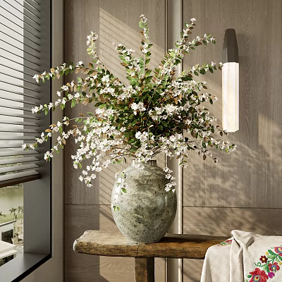 Gray Stone Vase With White Blossoms And Green Leaves On Window Sill 3d model