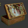 Decorative Wooden Box With Painted Lid Featuring Colorful Fairy Tale Scene And Yellow Border