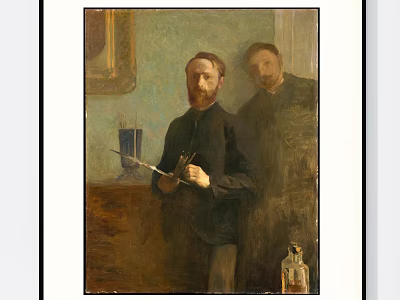 Vintage Portrait Painting of Two Figures Artist Holding Paintbrush and Palette in Indoor Studio 3d model