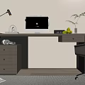Modern Home Office Desk Setup With Computer Lamp Fruit Vase Drawer Cabinet And Chair
