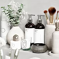 Essential Bathroom Accessories Including Rolled Towels Body Wash Bottles And Ceramic Containers