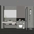 Modern Bathroom With Gray Cabinets Marble Countertop Wall Mounted Toilet Glass Shower Lit Niches Greenery