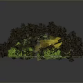 Scenic 3D Landscape Design With Green Grass Lush Trees And Yellow Structure