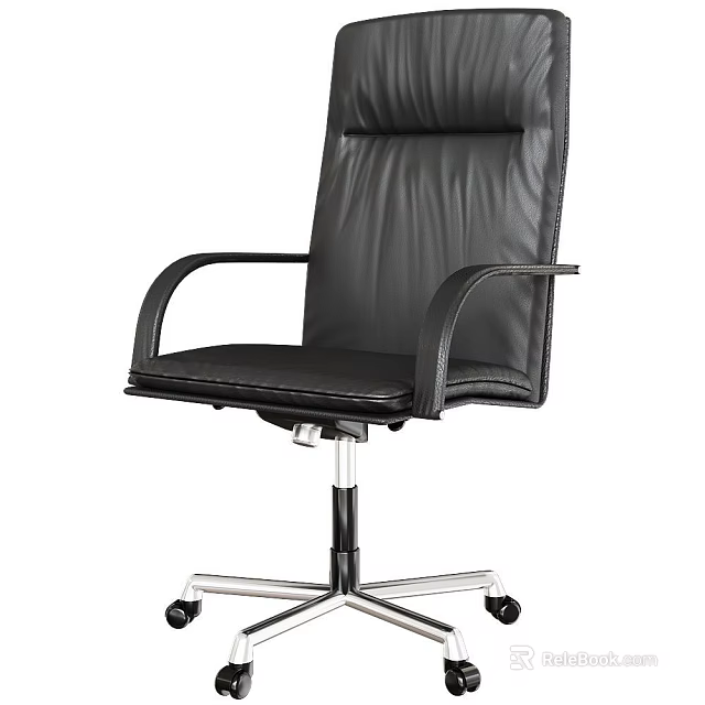 Black Leather Office Chair With High Backrest Ergonomic Armrests Swivel Base And Wheels 3d model 