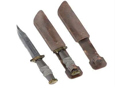 Vintage Combat Knives With Leather Sheaths And Wrapped Metal Handles 3d model